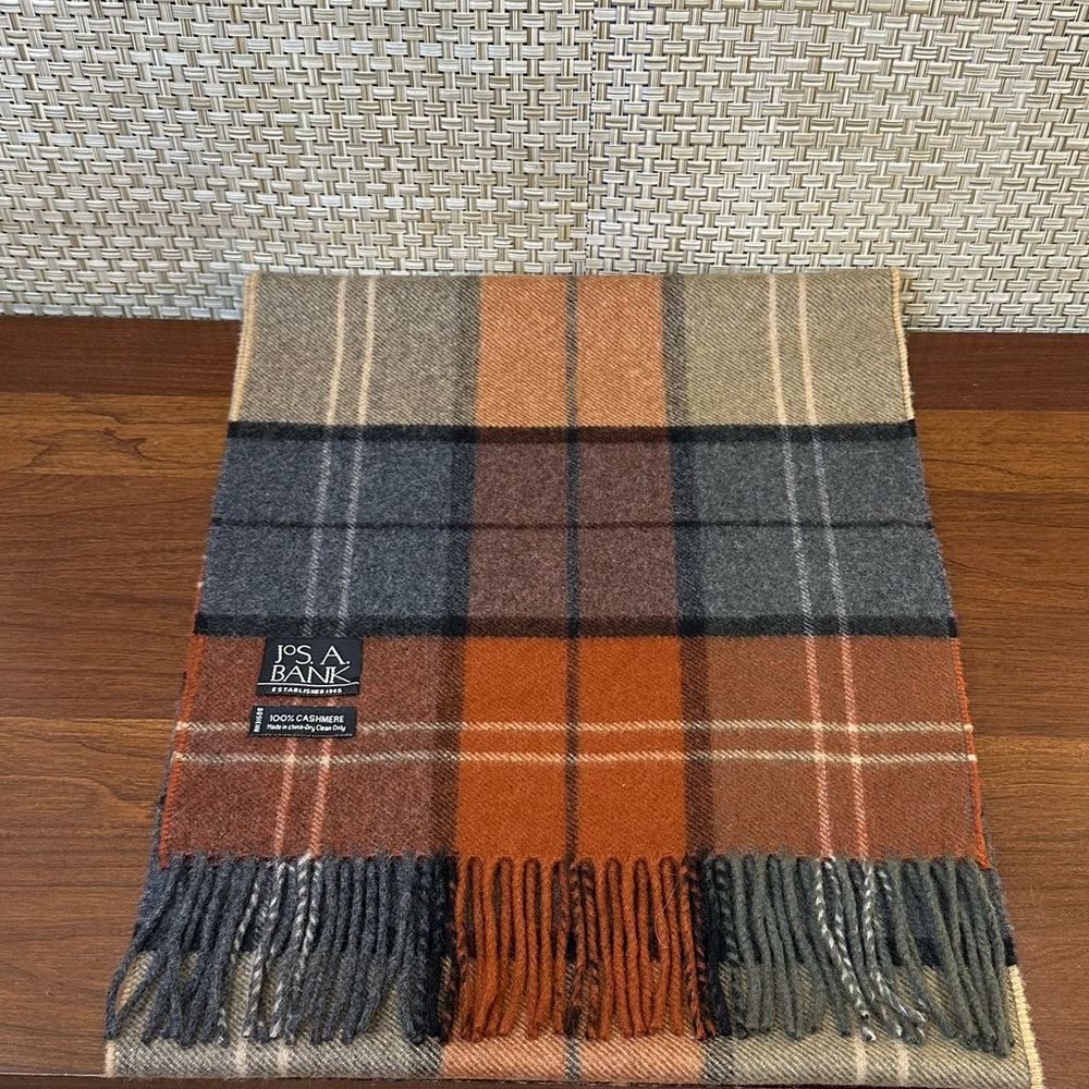 🌟2xHP🌟100% Cashmere Plaid Scarf Orange, Gray,  Tan Jos. A. Bank
